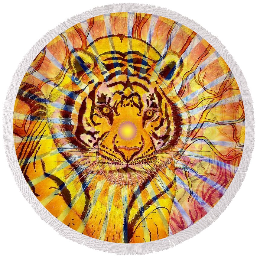Tiger Art Round Beach Towel featuring the painting Sun Tiger by Joseph J Stevens