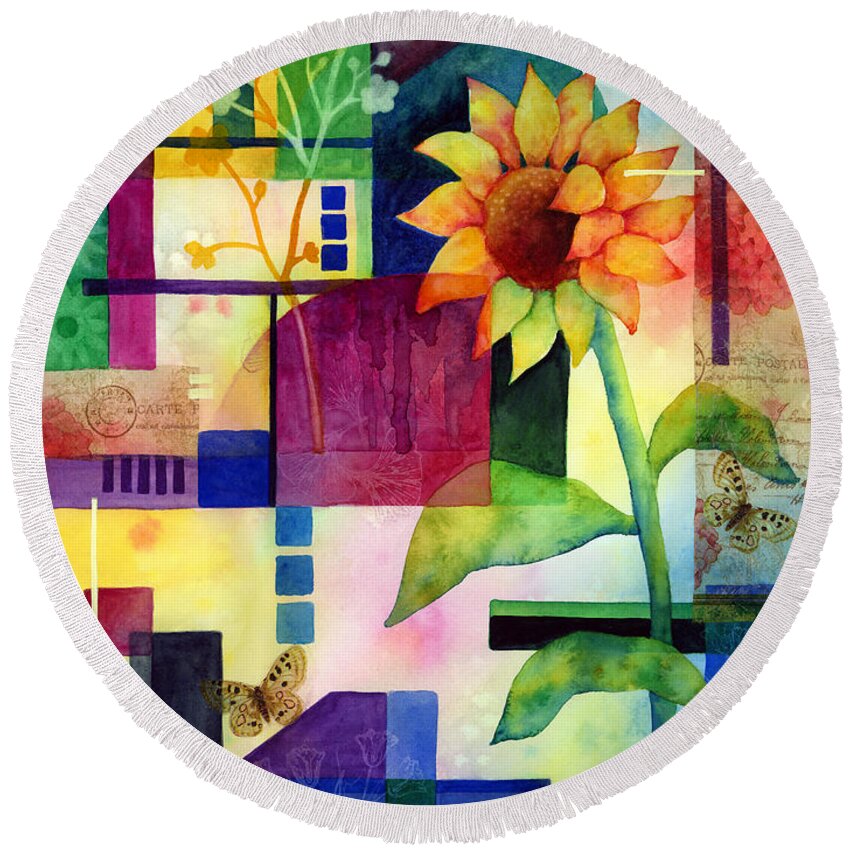 Sunflower Round Beach Towel featuring the painting Sunflower Collage 2 by Hailey E Herrera
