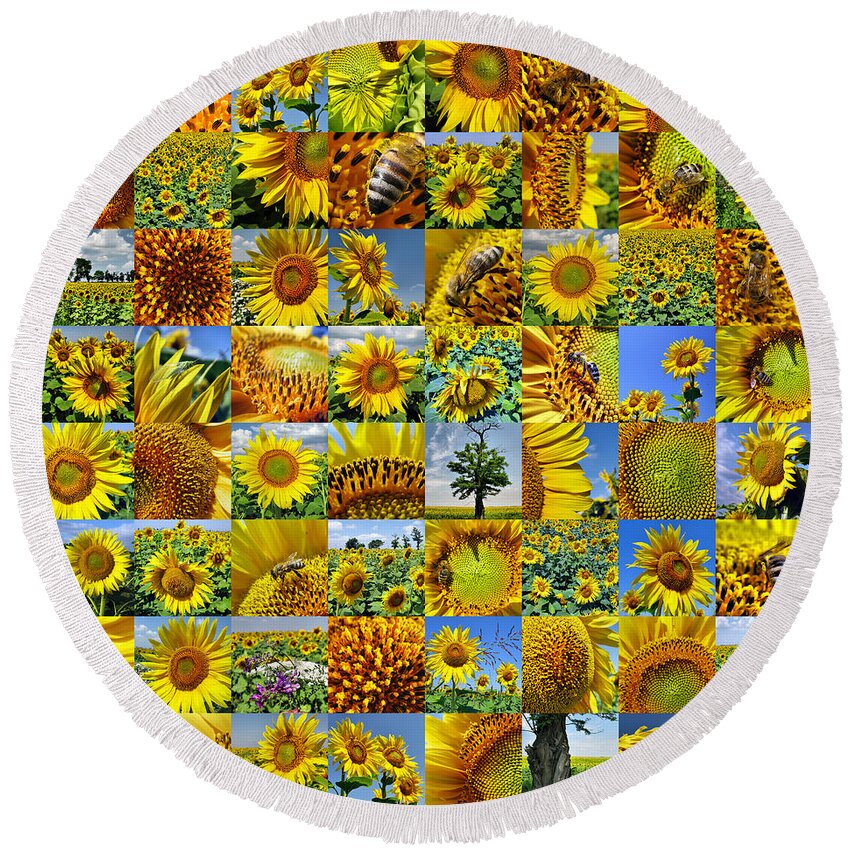 Sunflower Round Beach Towel featuring the photograph Sunflower field collage in yellow by Daliana Pacuraru