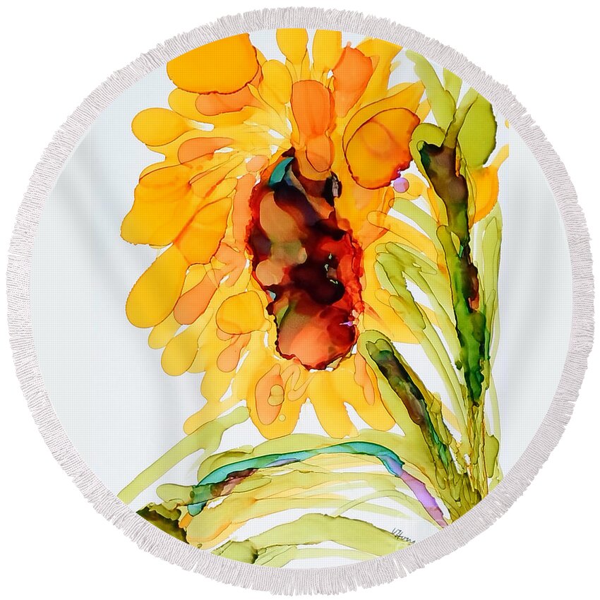 Alcohol Ink Round Beach Towel featuring the painting Sunflower Left Face by Vicki Housel