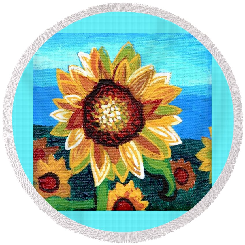 Sunflowers Round Beach Towel featuring the painting Sunflowers and Blue Sky by Genevieve Esson