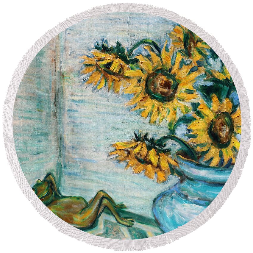 Still Life Round Beach Towel featuring the painting Sunflowers and Frog by Xueling Zou
