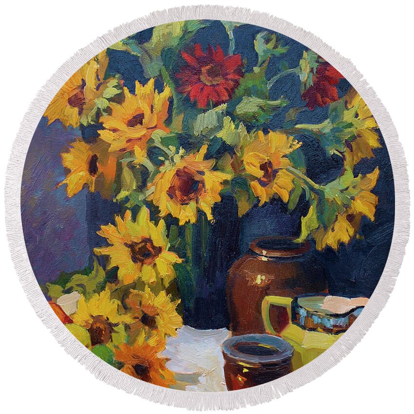 Sunflowers Round Beach Towel featuring the painting Sunflowers and Yellow Pitcher by Diane McClary