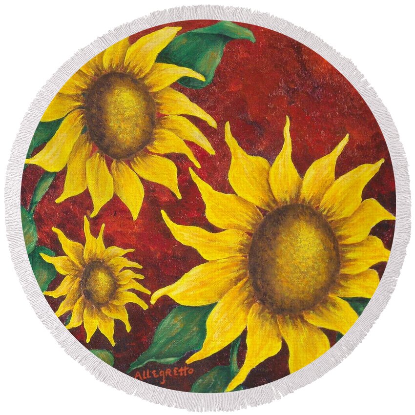 Pamela Allegretto Franz Round Beach Towel featuring the painting Sunflowers at Sunset by Pamela Allegretto