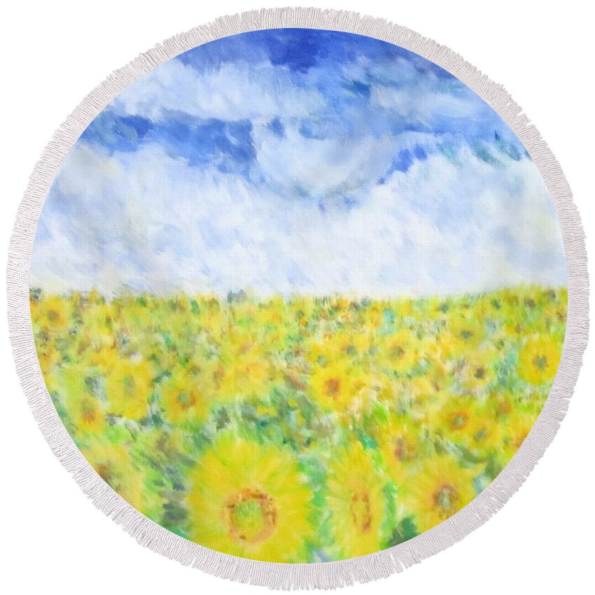 Impressionism Round Beach Towel featuring the painting Sunflowers in a Field in Texas by Glenda Crigger