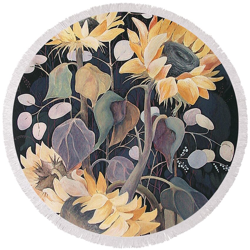 Sunflowers Round Beach Towel featuring the painting Sunflowers' Symphony by Marina Gnetetsky