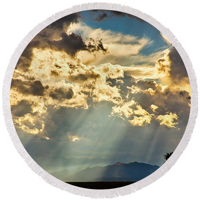 Forest Round Beach Towel featuring the photograph Sunlight Raining Down From the Heavens by James BO Insogna