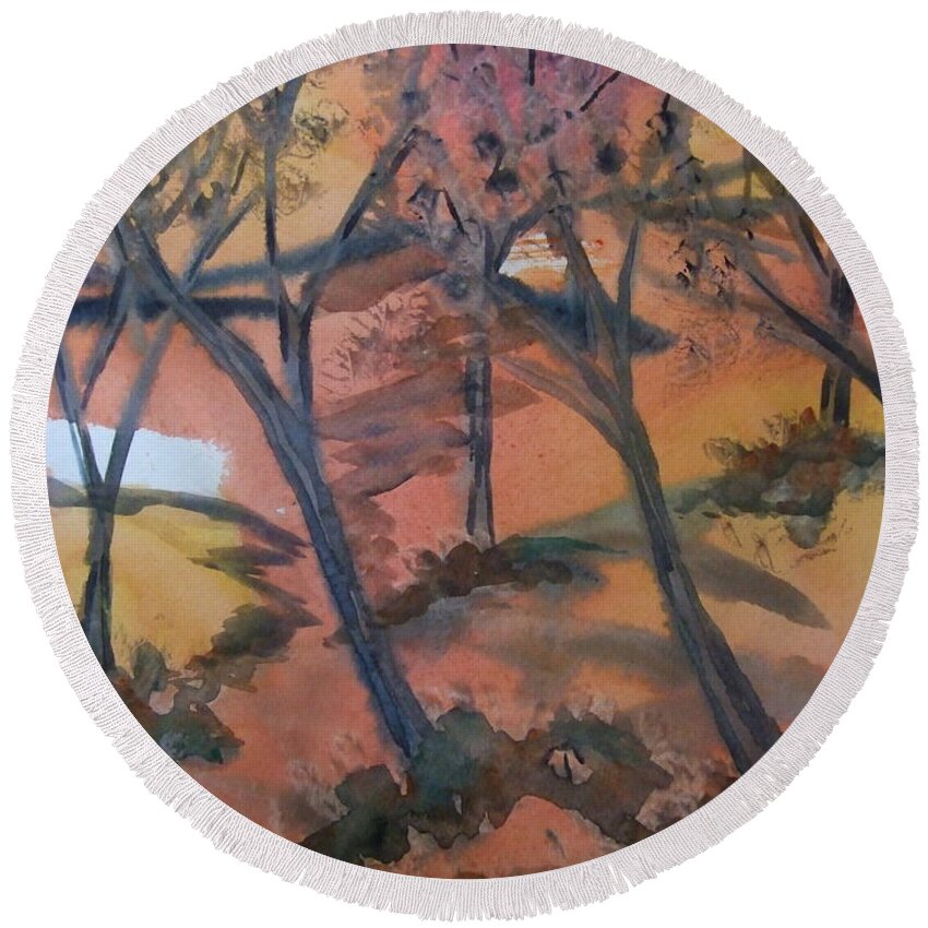 Trees Round Beach Towel featuring the painting Sunlit Forest by Kim Shuckhart Gunns
