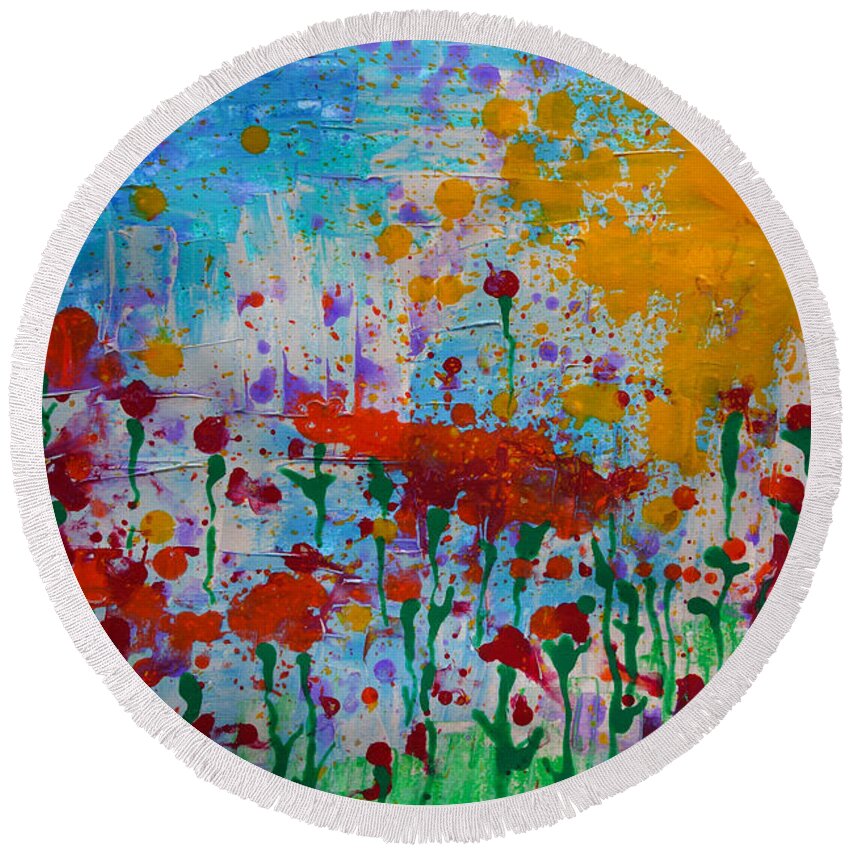 Flower Landscape With Sun Round Beach Towel featuring the painting Sunny Day by Jacqueline Athmann