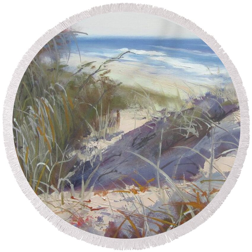 Seascape Round Beach Towel featuring the painting Sunrise Beach Dunes Sunshine Coast Qld Australia by Chris Hobel
