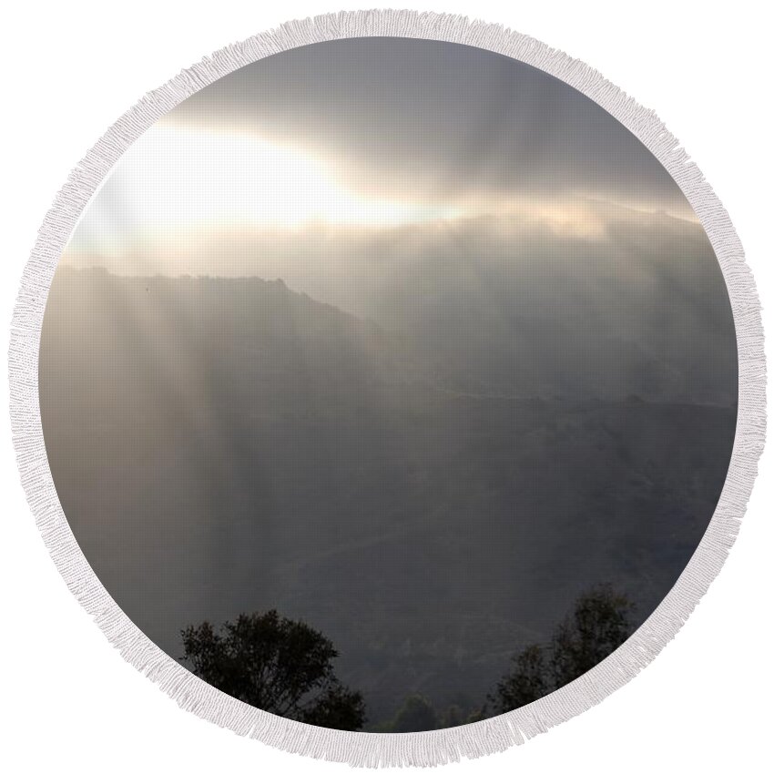 Linda Brody Round Beach Towel featuring the photograph Sunrise into Fog by Linda Brody