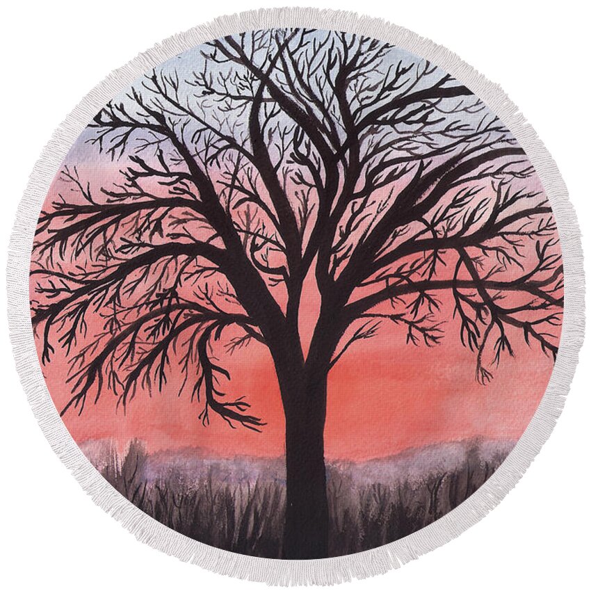 Sunrise Round Beach Towel featuring the painting November Sunrise Walnut Tree Watercolor by Conni Schaftenaar