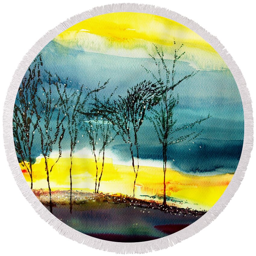 Nature Round Beach Towel featuring the painting Sunset 3 by Anil Nene