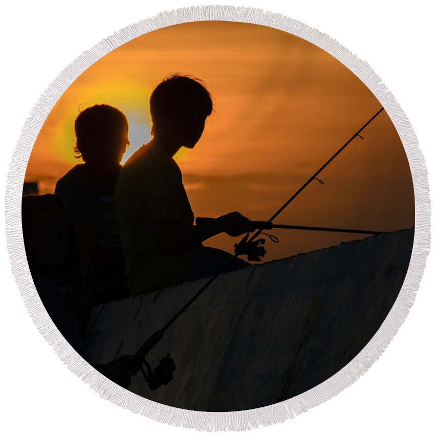 Silhouette Round Beach Towel featuring the photograph Sunset Anglers by Keith Armstrong