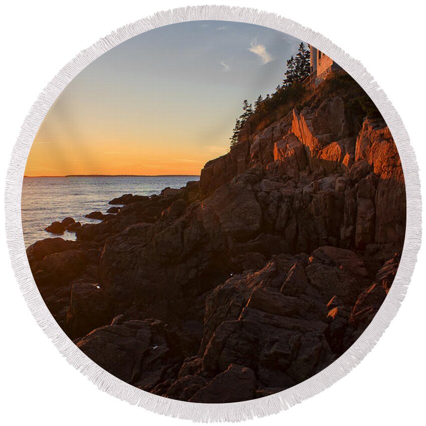 Bass Head Lighthouse Round Beach Towel featuring the photograph Sunset at Bass Head  by Priscilla Burgers