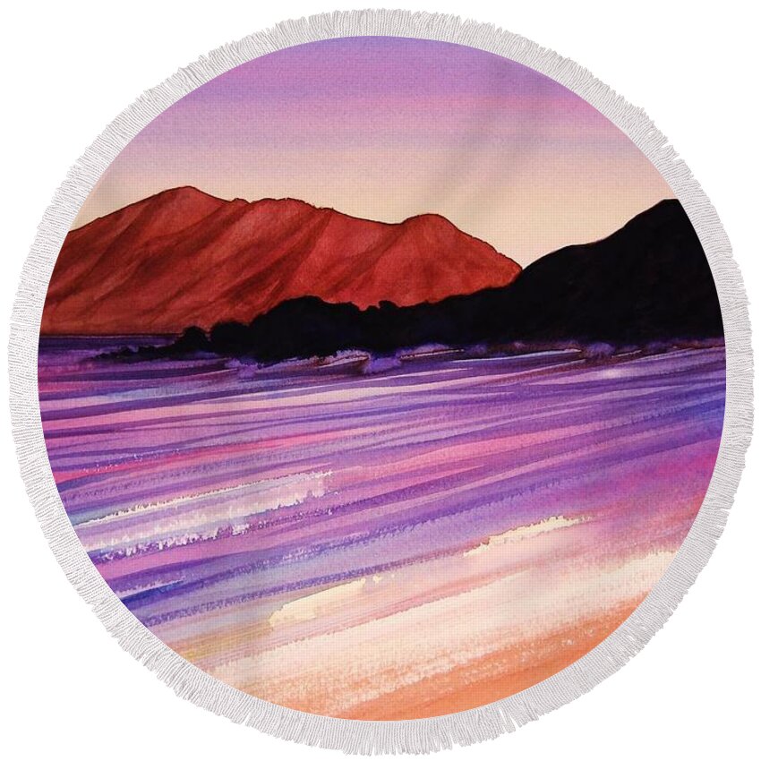 Sunset Round Beach Towel featuring the painting Sunset at Black Rock Maui by Frances Ku