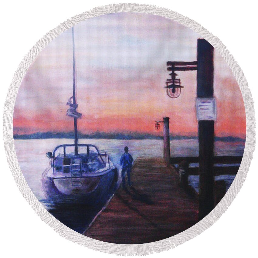 Watercolor Round Beach Towel featuring the painting Sunset at Rocky Point by Sher Nasser