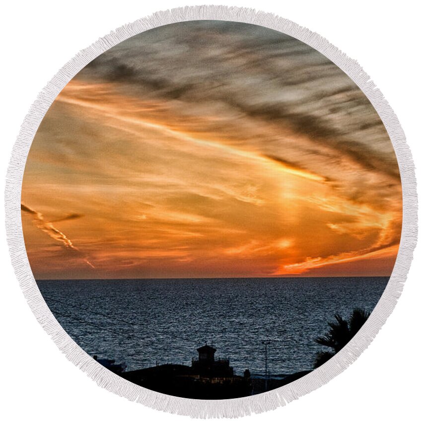Sunset Sky Blue Orange Ocean Water California Beach Cloudy Evening Round Beach Towel featuring the photograph Sunset Blues by Cat Connor