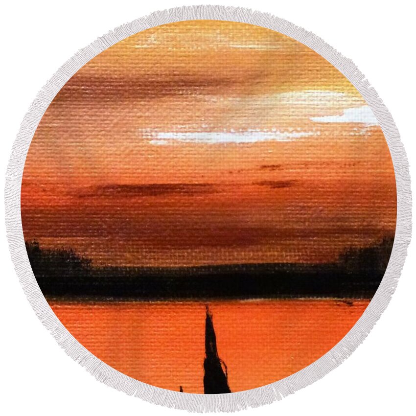 Boat Round Beach Towel featuring the painting Sunset Boat by Amalia Suruceanu