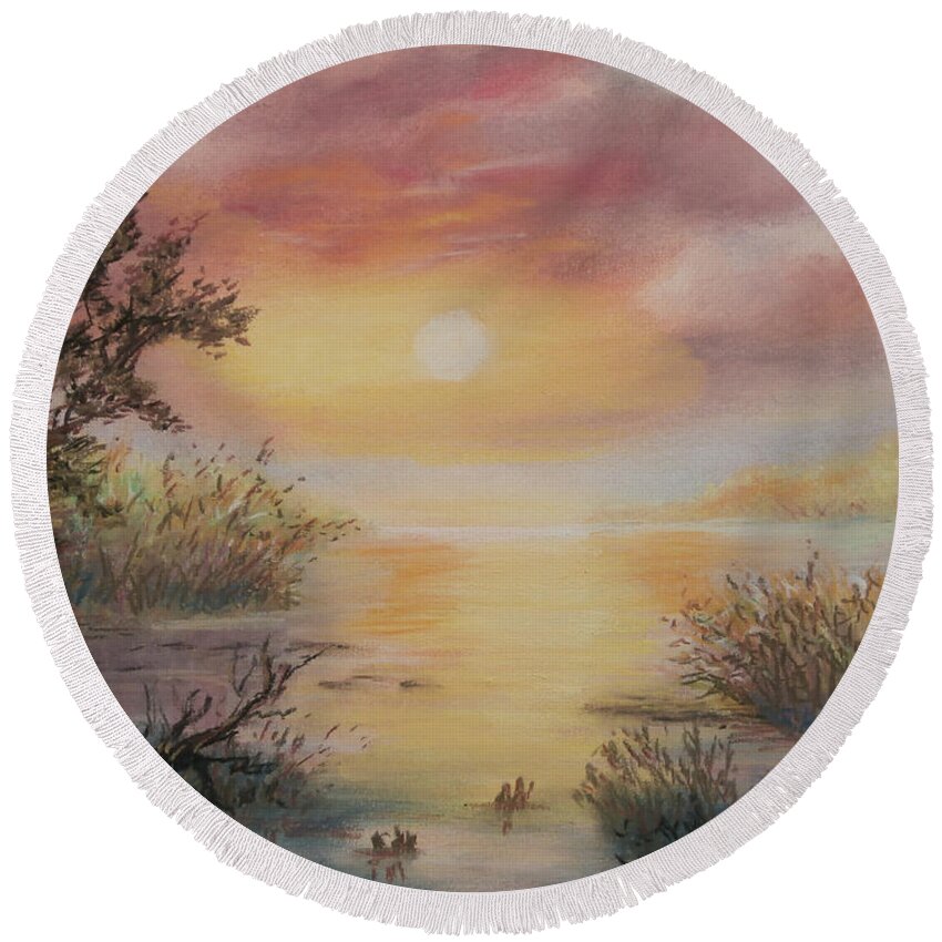 Luczay Round Beach Towel featuring the painting Sunset by the Lake by Katalin Luczay