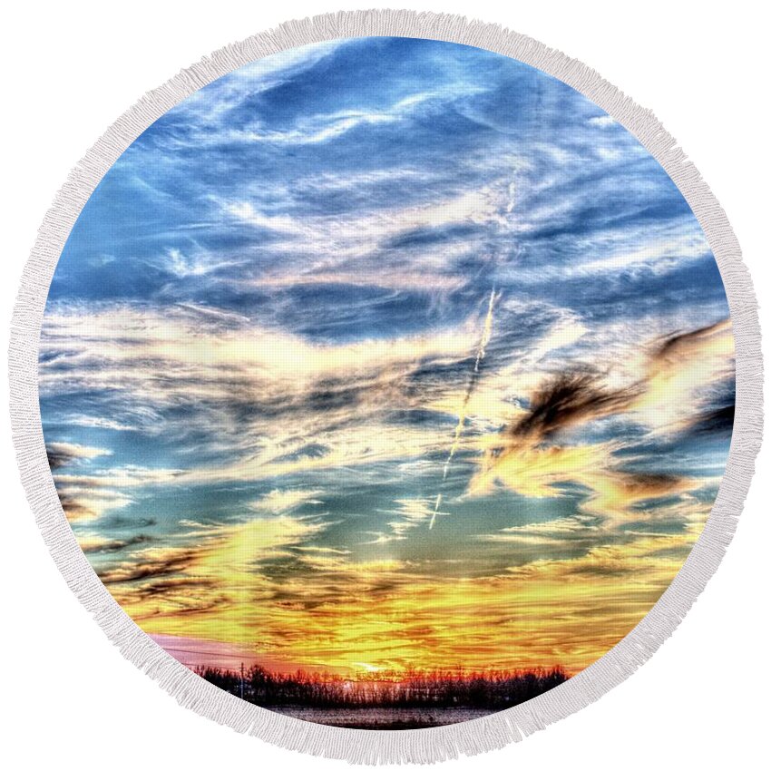 Sunset Round Beach Towel featuring the photograph Sunset Clouds by David Zarecor
