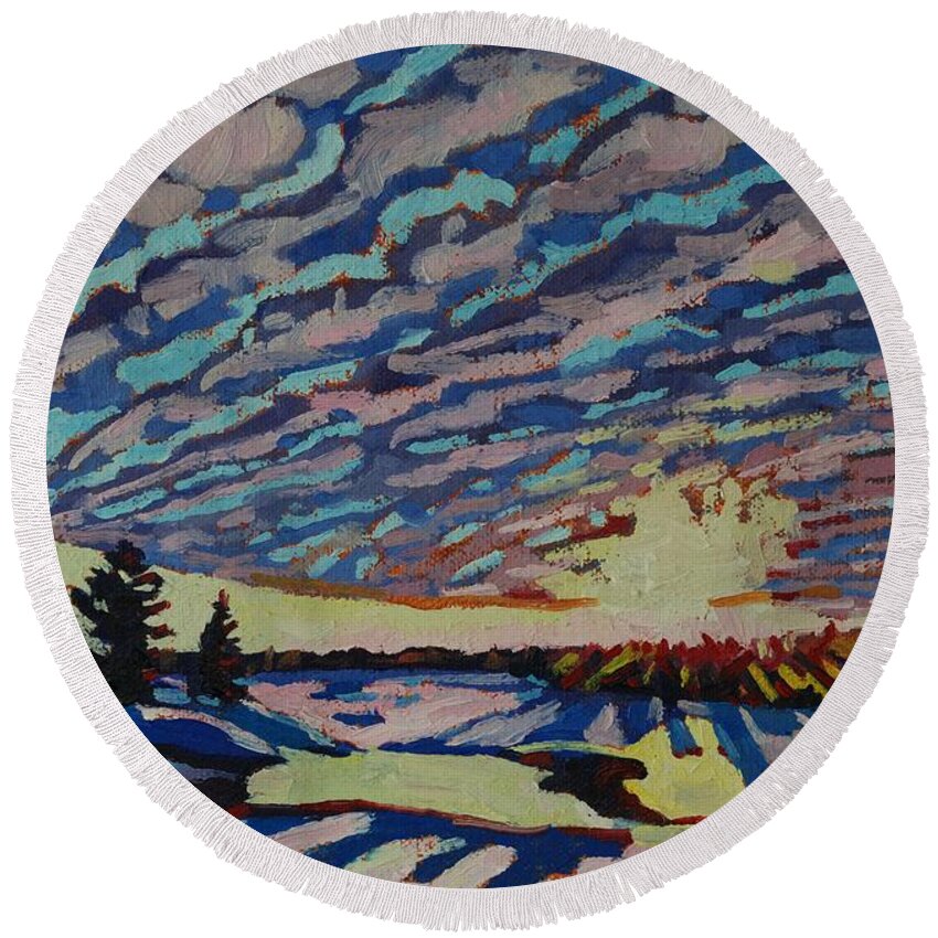Chadwick Round Beach Towel featuring the painting Sunset Deformation by Phil Chadwick