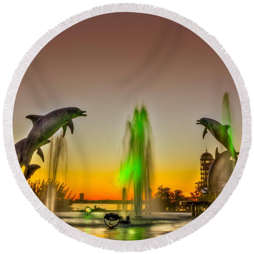 Dolphins Round Beach Towel featuring the photograph Sunset Dolphins by Marvin Spates