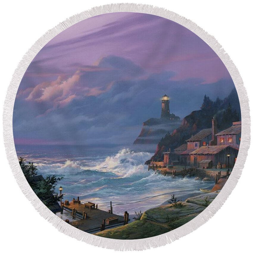 Lighthouse Round Beach Towel featuring the painting Sunset Fog by Michael Humphries