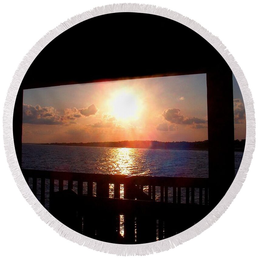 Landscape Round Beach Towel featuring the photograph Sunset Folly Pier by Morgan Carter