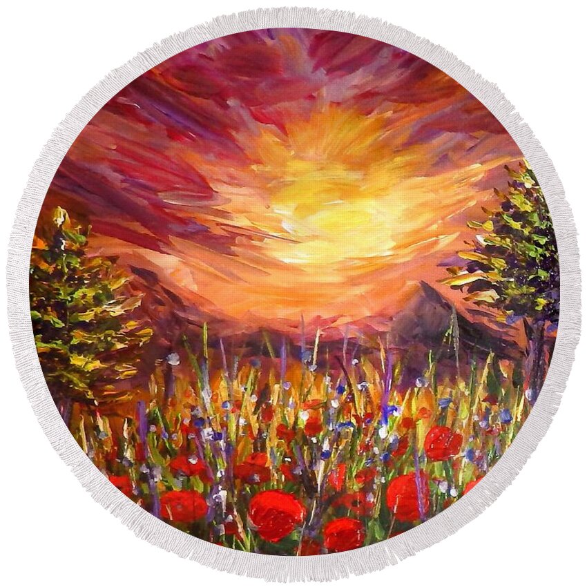 Original Art Round Beach Towel featuring the painting Sunset in Poppy Valley by Lilia D