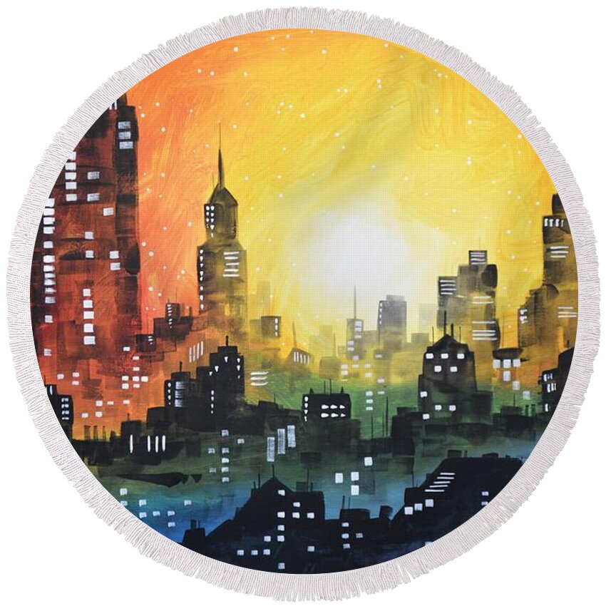 Print Round Beach Towel featuring the painting Sunset In the City by Amy Giacomelli
