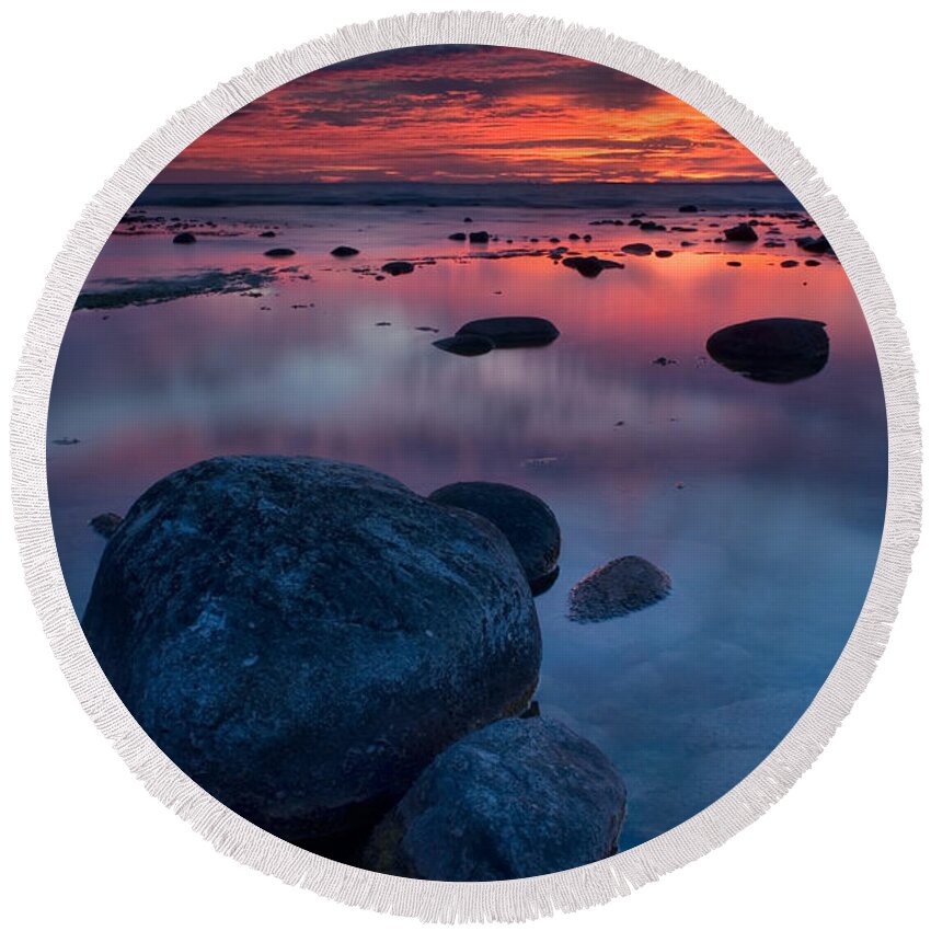 2007 Round Beach Towel featuring the photograph Sunset on Grand Traverse Bay in Michigan.Taken from Leelanau Sta by Robert Charity