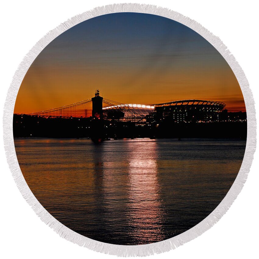 Cincinnati Round Beach Towel featuring the photograph Sunset on Paul Brown Stadium by Mary Carol Story