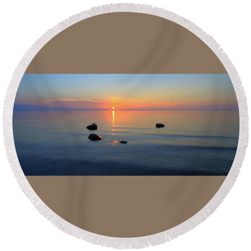 Lake Round Beach Towel featuring the photograph Sunset on Tranquil Lake by Claudio Bacinello