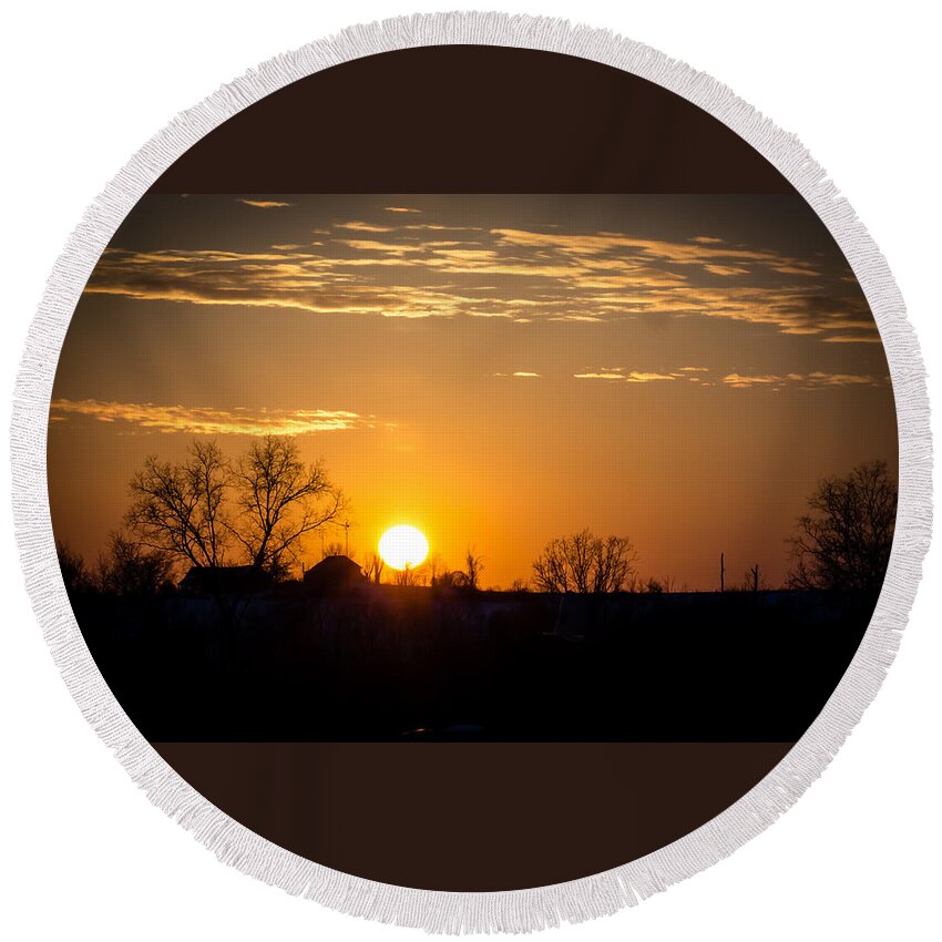 Sunset Round Beach Towel featuring the photograph Sunset Over the Distant Farm by Holden The Moment