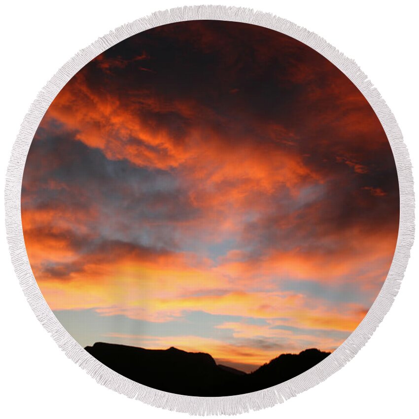 Sunset Round Beach Towel featuring the photograph Sunset over Estes Park by Angie Schutt