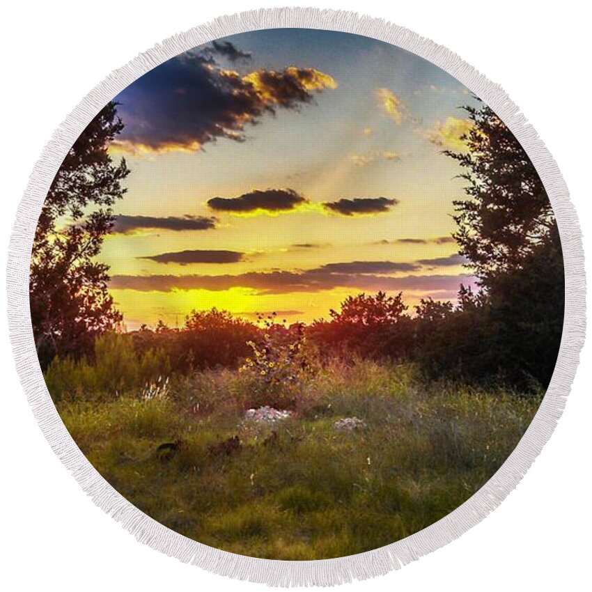Sunset In Field Of Wildflowers Round Beach Towel featuring the photograph Sunset Over Field of Flowers by Peggy Franz