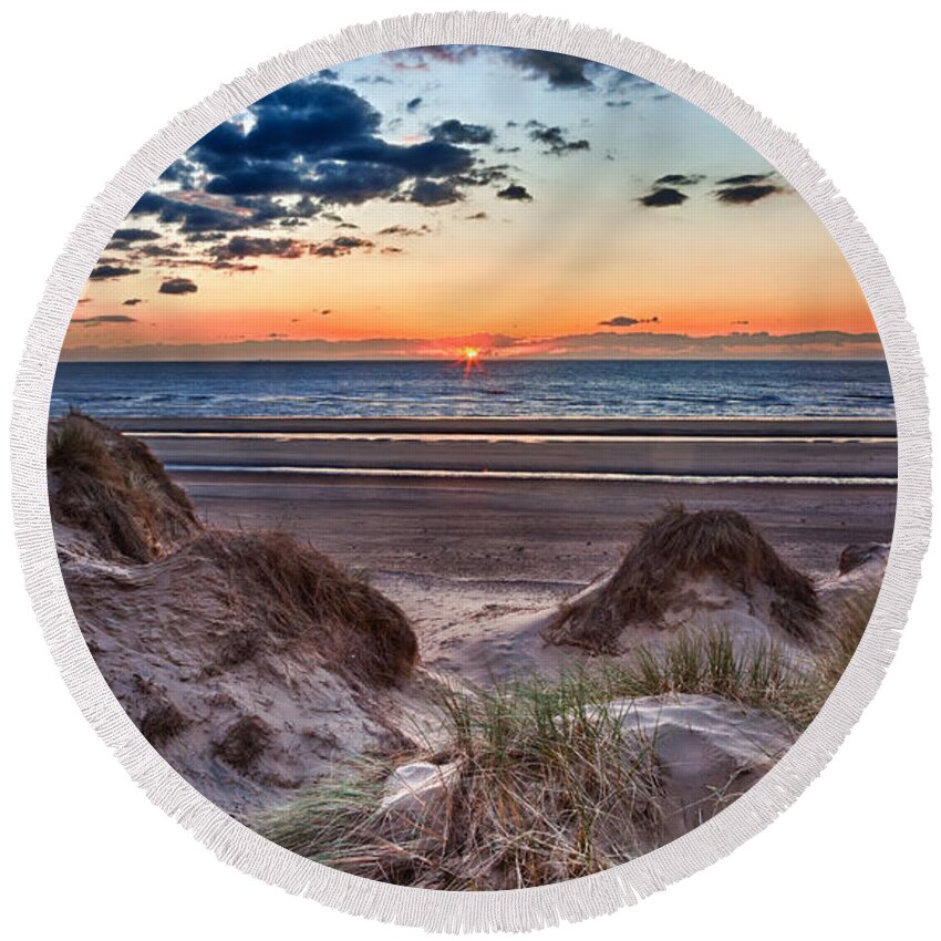 Vacation Round Beach Towel featuring the photograph Sunset over Formby Beach through dunes by Steven Heap