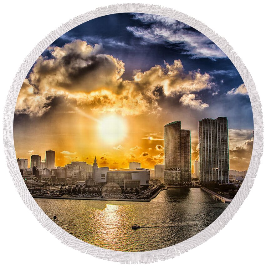 American Airlines Arena Round Beach Towel featuring the photograph Sunset Over the Arena HDR by Rene Triay FineArt Photos