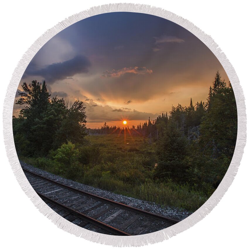 Newhampshire Round Beach Towel featuring the photograph Sunset over the Railroad Tracks II by White Mountain Images