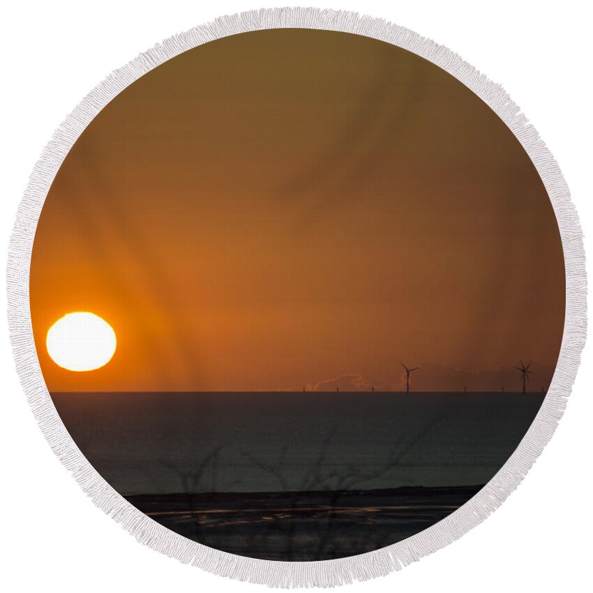 Sun Round Beach Towel featuring the photograph Sunset Over The Windfarm by Spikey Mouse Photography