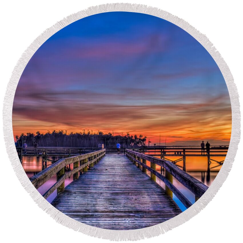 Fishing Pier Round Beach Towel featuring the photograph Sunset Pier Fishing by Marvin Spates