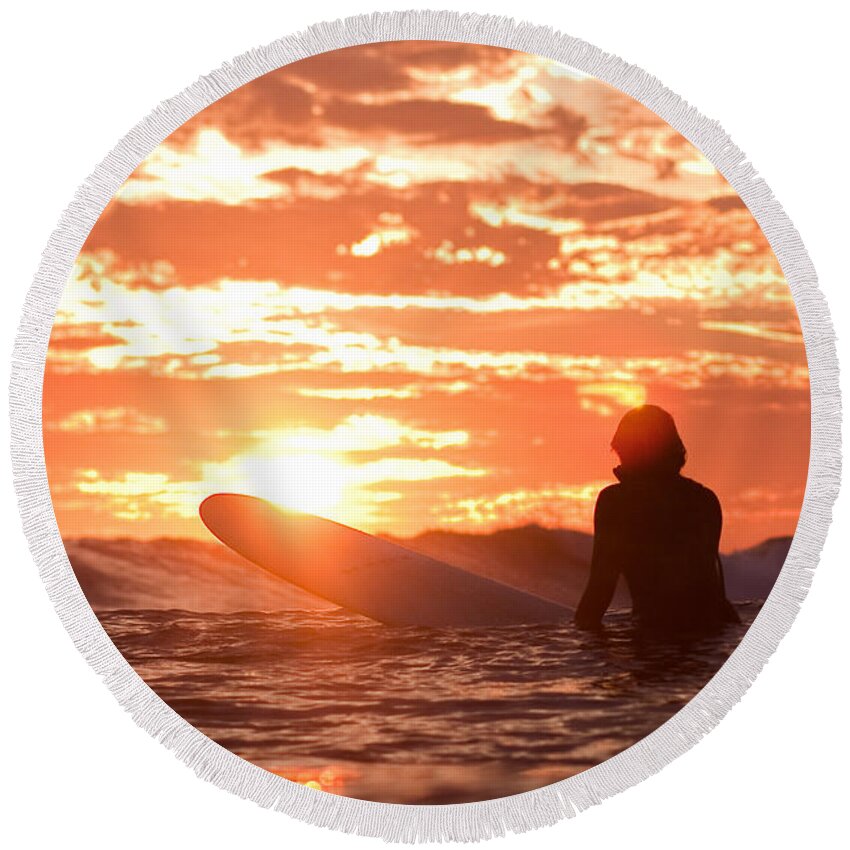 Surfing Round Beach Towel featuring the photograph Sunset Surf Session by Paul Topp