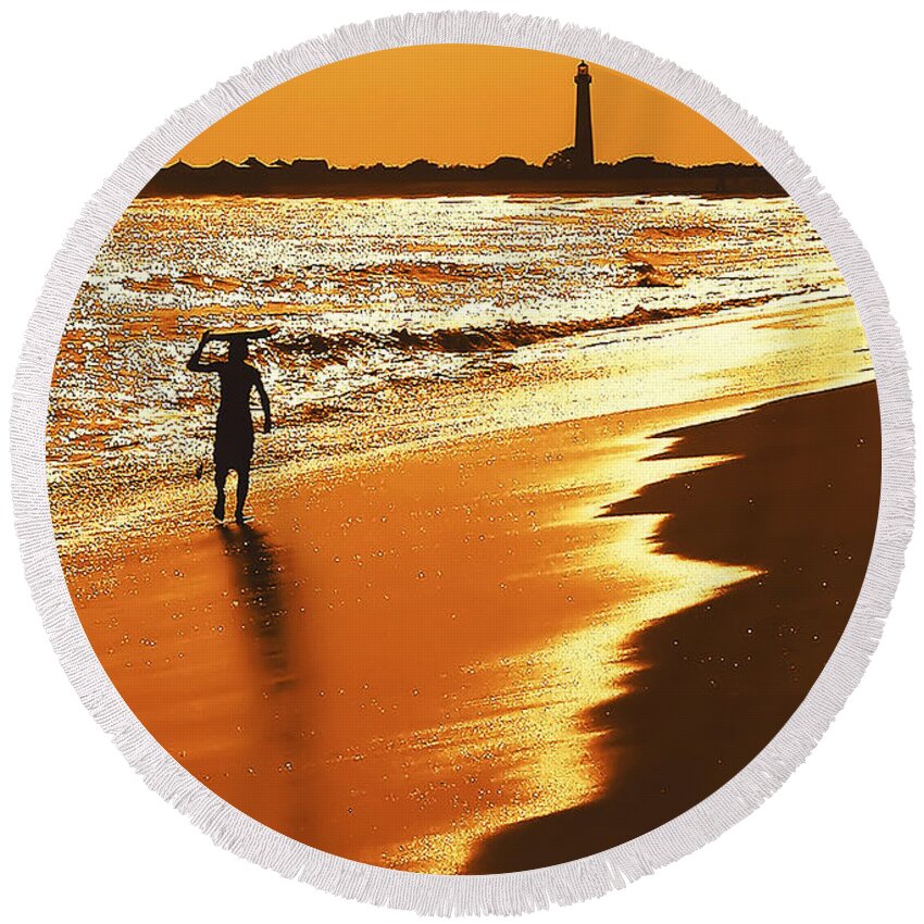 Lighthouses Round Beach Towel featuring the photograph Sunset Surfer Dude by Anthony Sacco