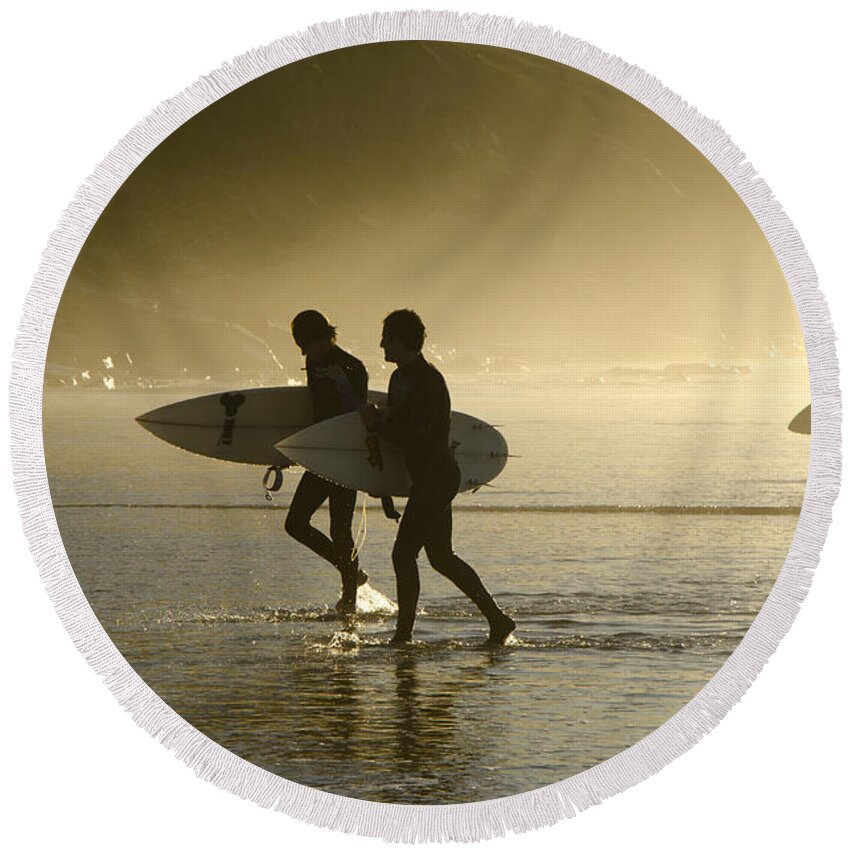 Surfers Round Beach Towel featuring the photograph Sunset Surfers Biarritz by Perry Van Munster