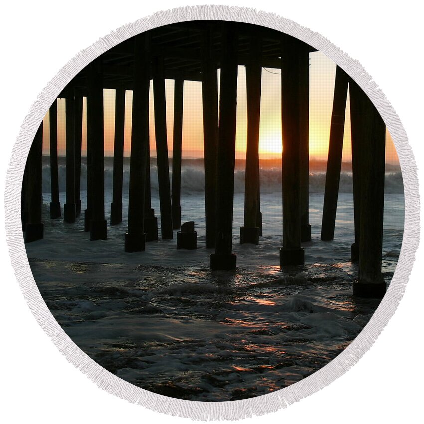 Ventura Round Beach Towel featuring the photograph Sunset Under The Pier by Henrik Lehnerer