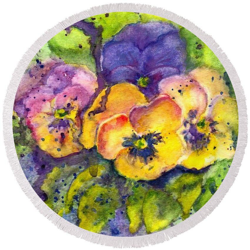 Pansy Round Beach Towel featuring the painting Sunshiney Faces by Carol Wisniewski