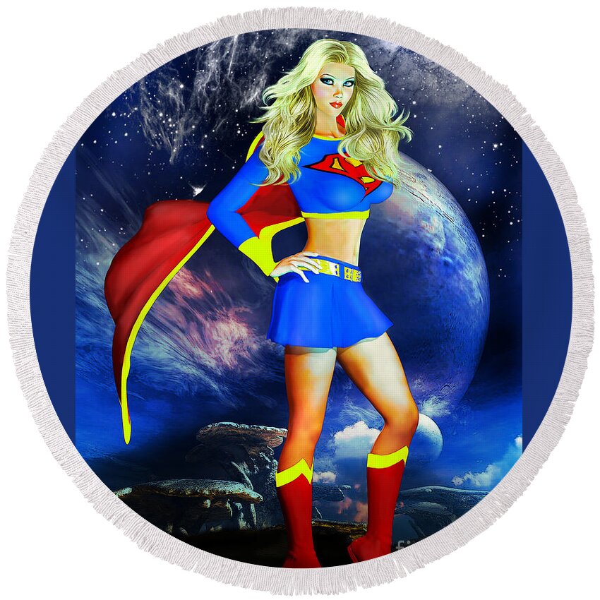Supergirl Round Beach Towel featuring the digital art Supergirl by Alicia Hollinger