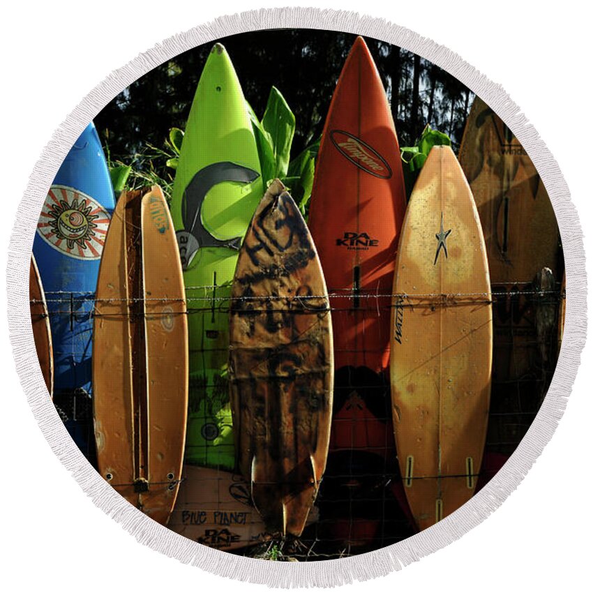 Hawaii Round Beach Towel featuring the photograph Surfboard Fence 4 by Bob Christopher