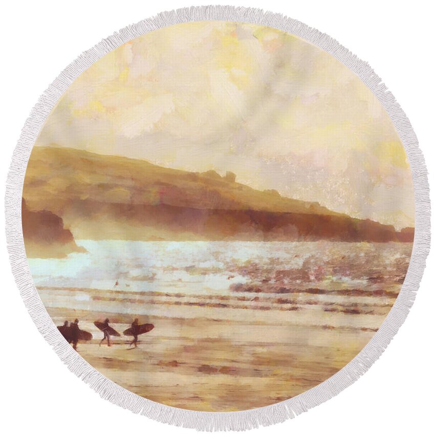 Impressionist Round Beach Towel featuring the painting Surfer dawn by Pixel Chimp